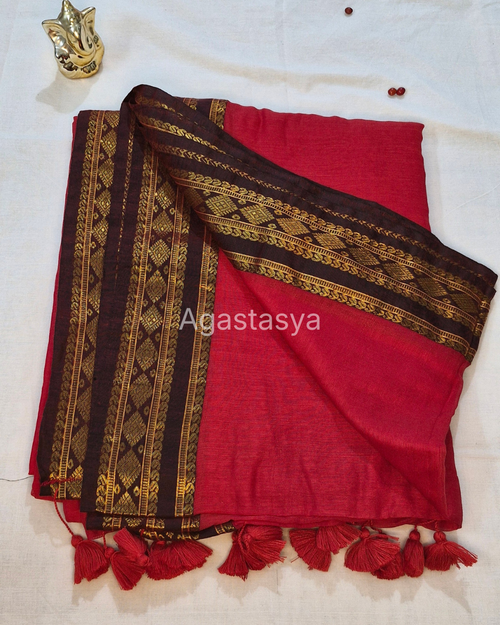 Red Mul Cotton saree with Brown Kanchi Border