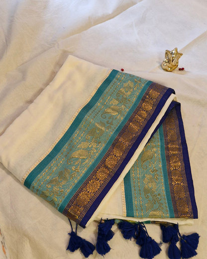 Mul Cotton saree with Blue and Green Kanchi Border