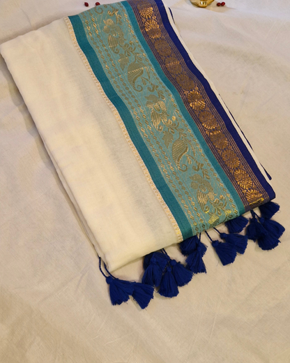 Mul Cotton saree with Blue and Green Kanchi Border