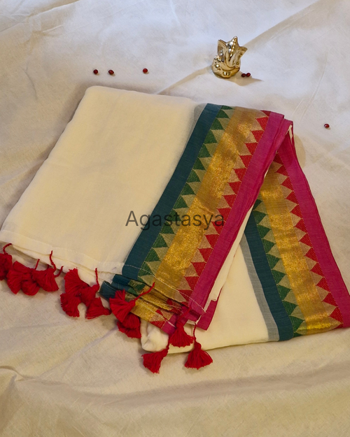 Mul Cotton saree with Pink and Green Kanchi Border