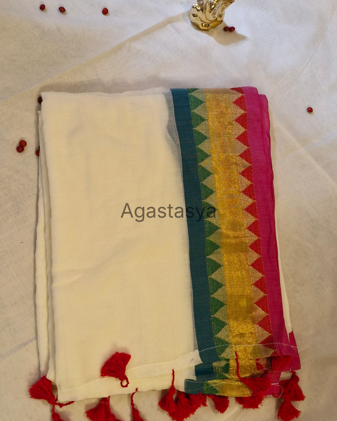 Mul Cotton saree with Pink and Green Kanchi Border