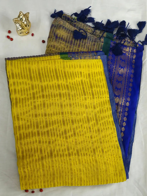 Yellow Mul Cotton saree with Blue Kanchi Border